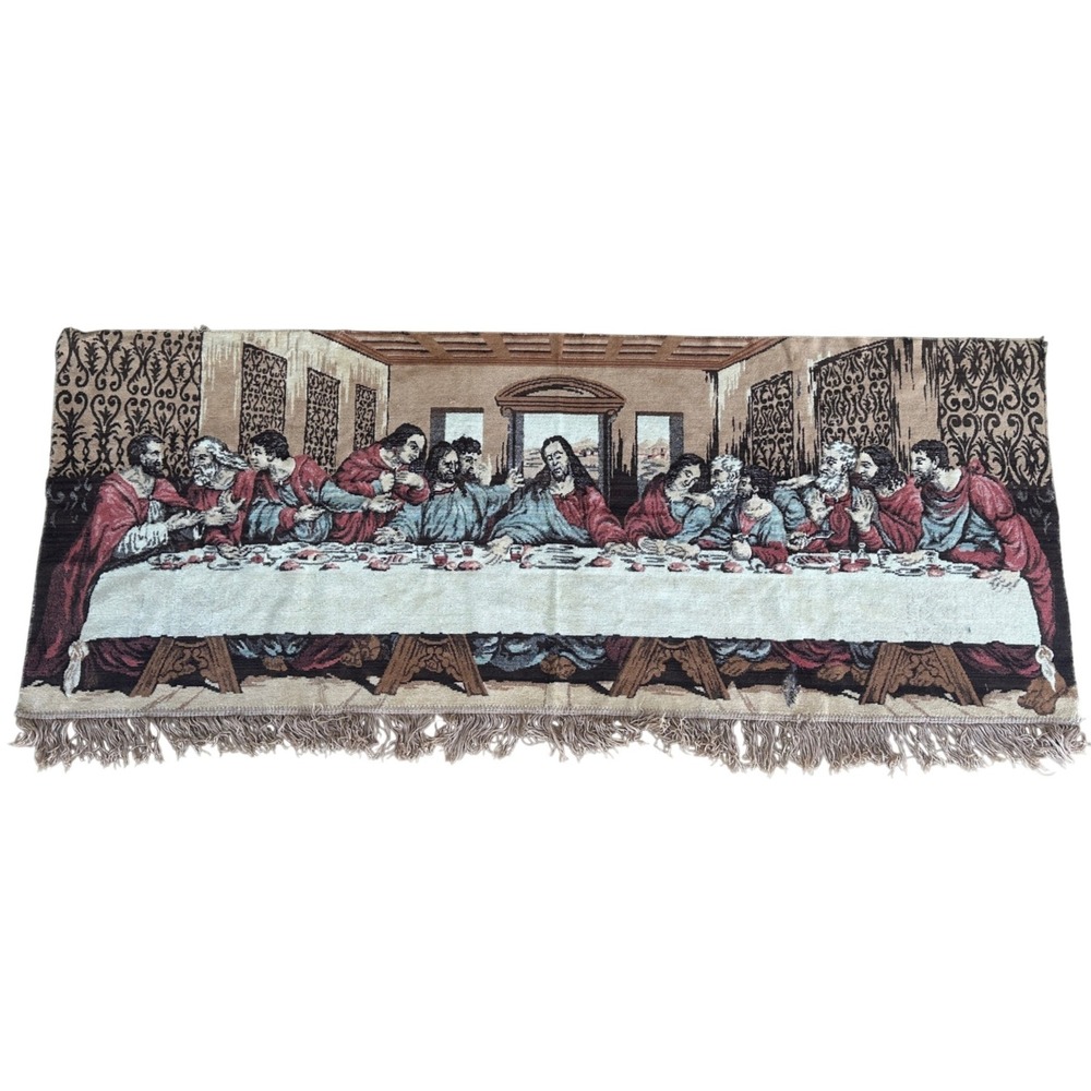 Vintage The Last Supper Woven Tapestry Wall Hanging Fringed Religious Art‎